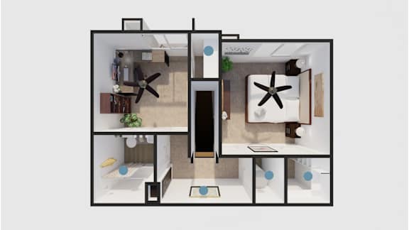 A top down view of a house layout with a kitchen, living room, and bathroom.