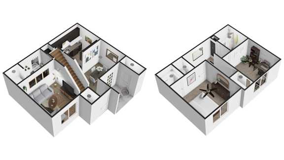 Two 3D floor plans of a house are shown.