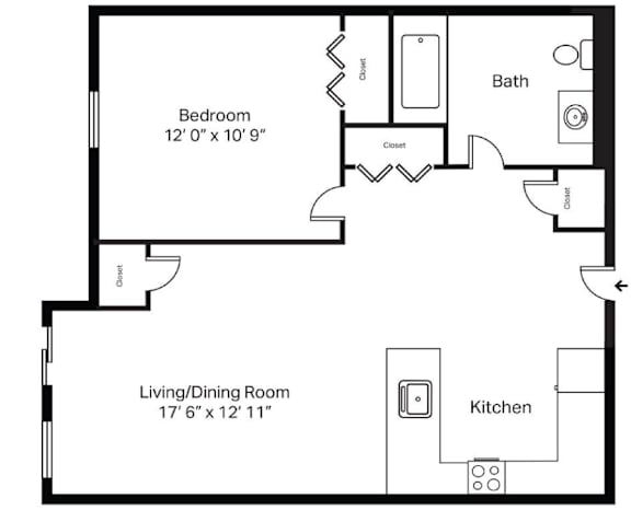 A black and white image of a floor plan for a small apartment.