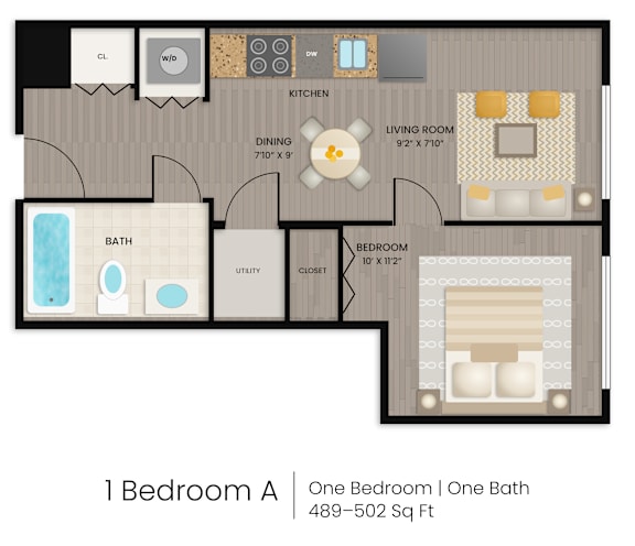 A floor plan of a one bedroom apartment with a bath.
