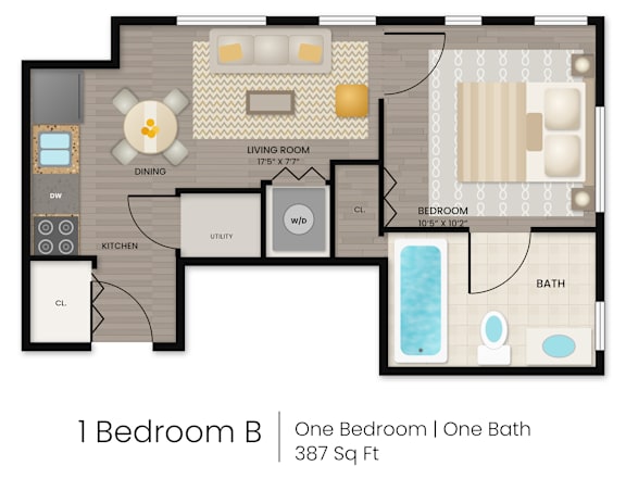 A floor plan of a one bedroom apartment with a bath.
