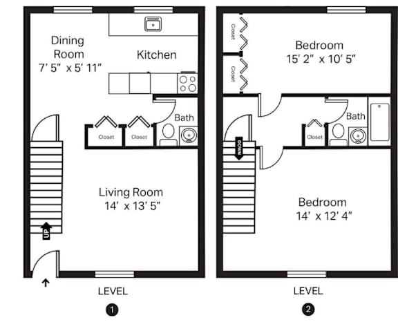 A black and white image of a floor plan for a two-level home.