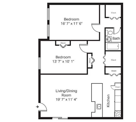 A black and white image of a floor plan for a home with a living/dining room, kitchen, and two bedrooms.