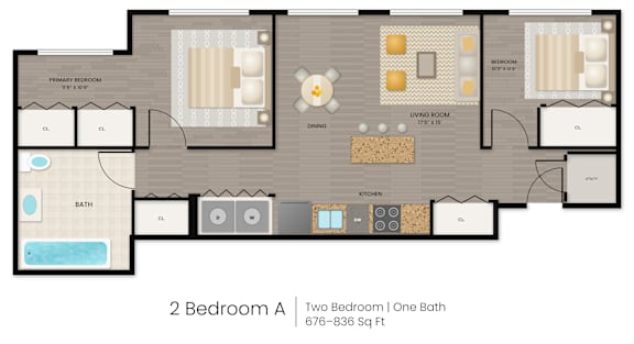 A floor plan of a 2 Bedroom Apartment with a living room, dining room, kitchen, and bathroom.