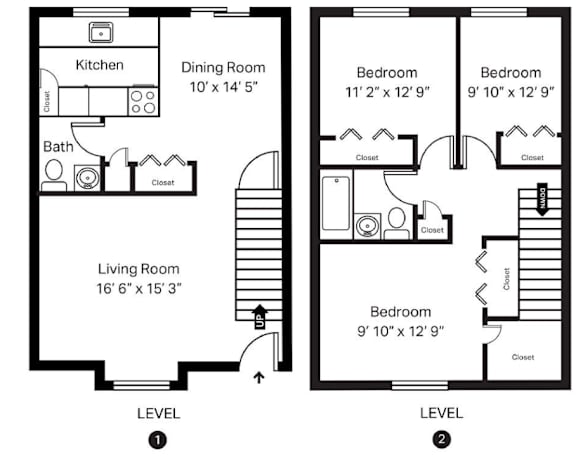 A black and white image of a floor plan for a two-level home.