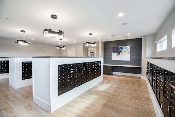 A modern kitchen with wooden floors and black cabinets at 55 Fifty at Northwest Crossing, Houston, TX 77092