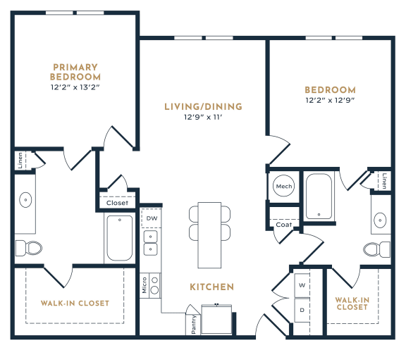 Floor Plan  a floor plan of a two bedroom apartment at 55 Fifty at Northwest Crossing, Houston