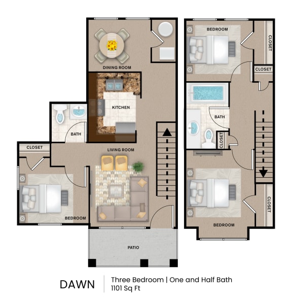 a floor plan of three bedroom one and half baths