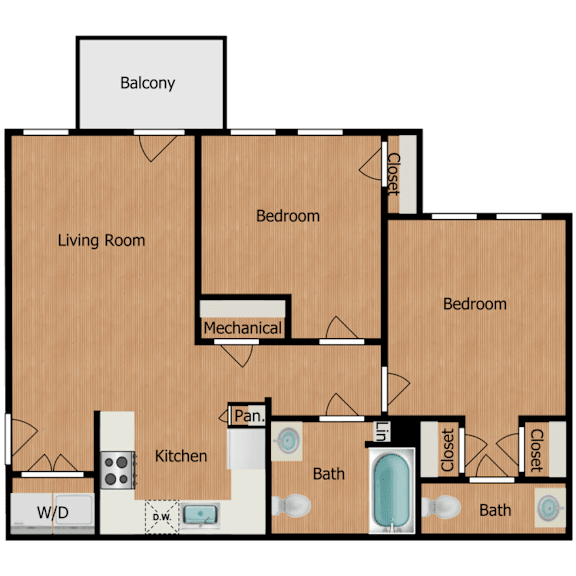 A floor plan of a house with a balcony, two bedrooms, a living room, a kitchen, a bathroom, and a mechanical room.