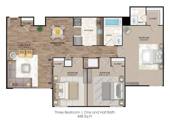 A floor plan of a three bedroom apartment with one and a half baths.