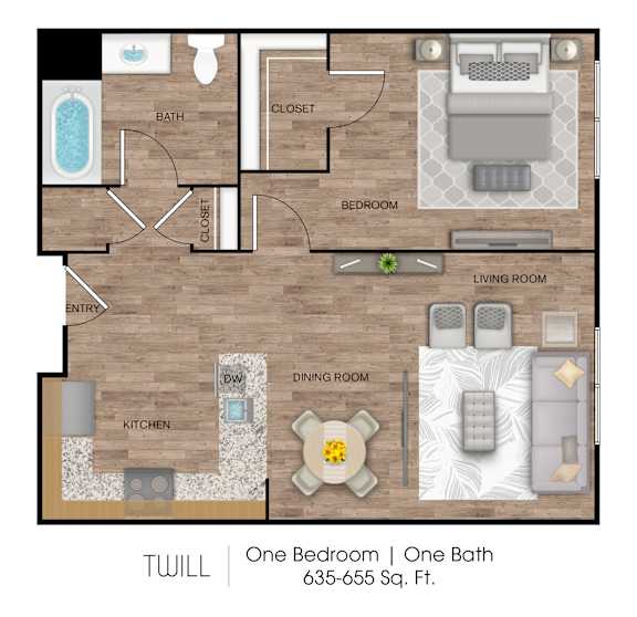 A floor plan of a one bedroom, one bath apartment.