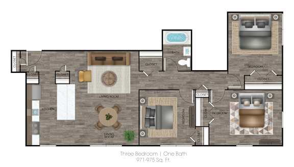 A floor plan of a three bedroom apartment with one bathroom.