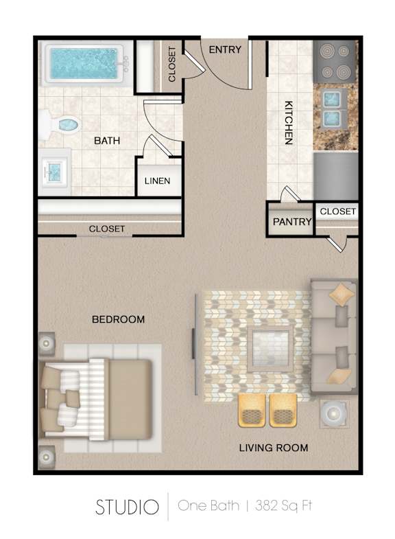 A floor plan of a one bathroom studio apartment.