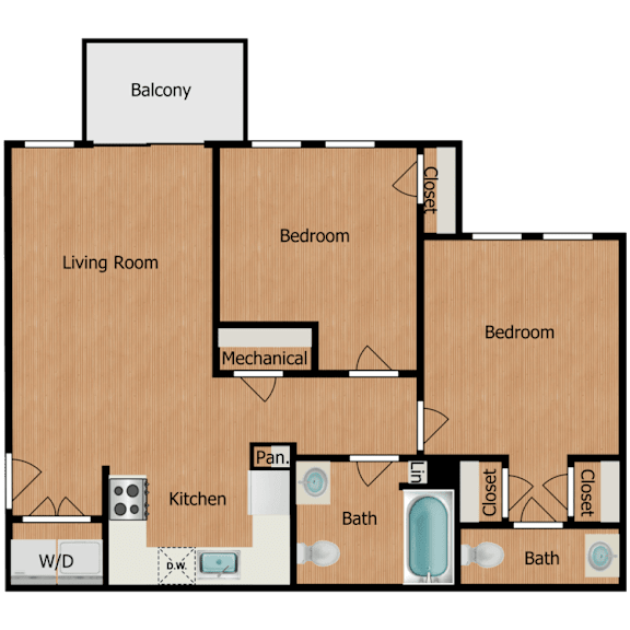 A floor plan of a house with a balcony, two bedrooms, a living room, a kitchen, a bathroom, a mechanical room, and a laundry area.