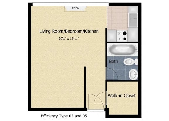 A floor plan of a living room, bedroom, and kitchen with a bath and walk-in closet.