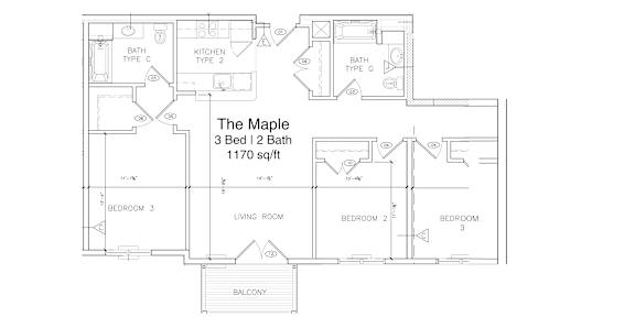 A floor plan of a 3 bedroom apartment named The Maple.