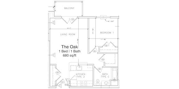 A drawing of a house layout with a living room, kitchen, and two bedrooms.