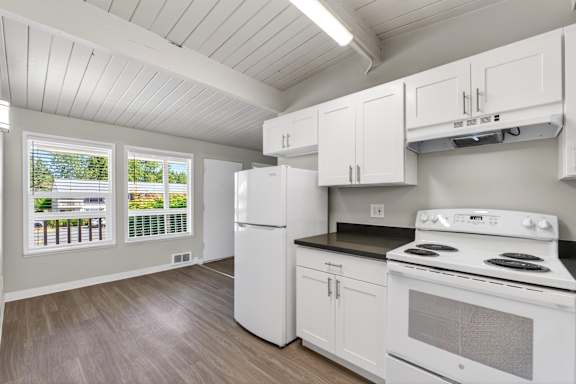 A white kitchen with a stove and refrigerator.