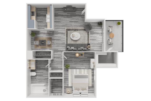 A 3D rendered image of a modern kitchen layout with a dining area.