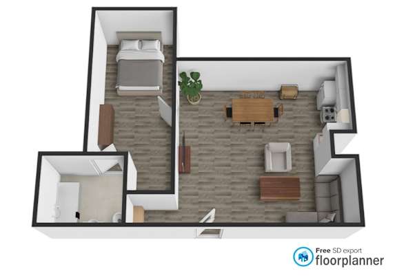 A 3D floor plan of a small apartment with a bedroom, living room, and kitchen.