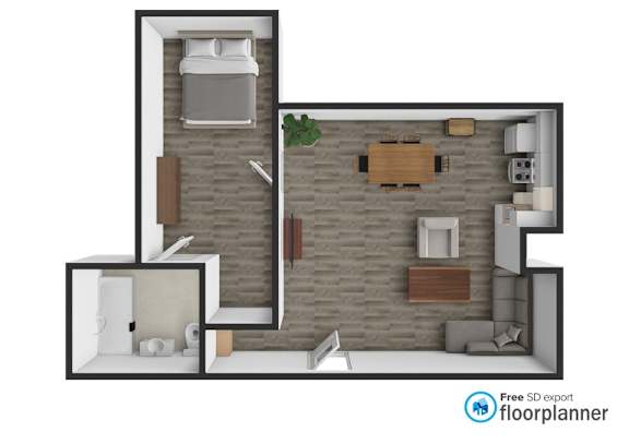 Floor Plan  A floor plan of a small apartment with a bedroom, living room, and kitchen.