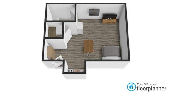 Floor Plan  A floor plan of a house with a kitchen, living room, and two bedrooms.