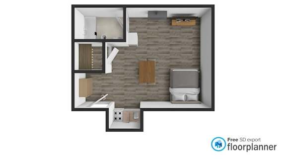 A floor plan of a small apartment with a kitchen, living room, and bathroom.