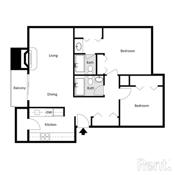 A black and white floor plan of an apartment with a living room, dining room, kitchen, and two bedrooms.