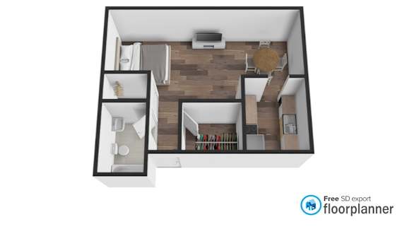 A floor plan of a house with a kitchen, living room, and two bedrooms.