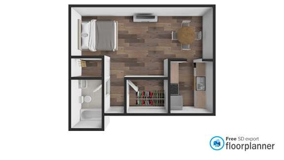 A floor plan of a small apartment with a kitchen, living room, and bathroom.