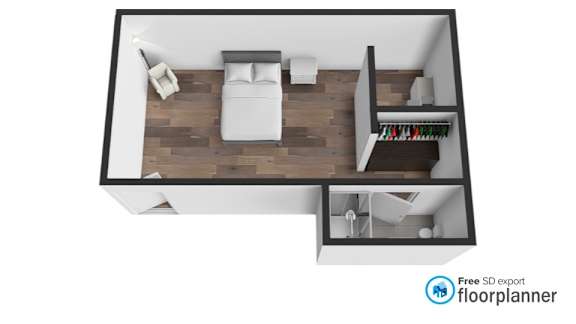 A floor plan of a bedroom with a bed, nightstand, and bookshelf.
