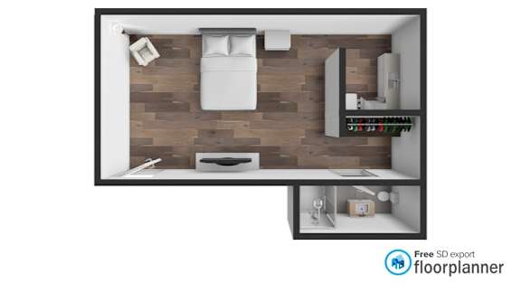 A floor plan of a small apartment with a bedroom and a kitchen.