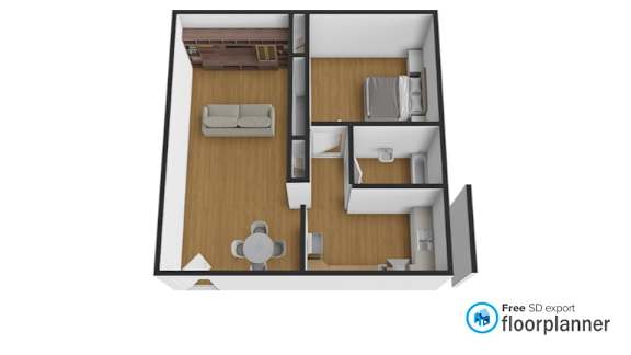 A 3D rendered image of a floor plan for a house.
