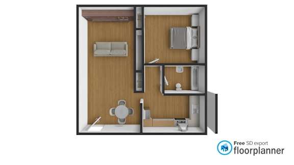 A floor plan of a small apartment with a kitchen, living room and bathroom.