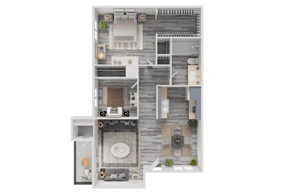 A 3D rendered image of a house layout.
