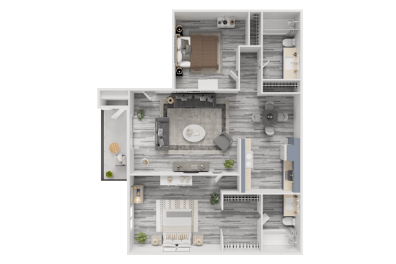 A detailed 3D floor plan of a house layout.