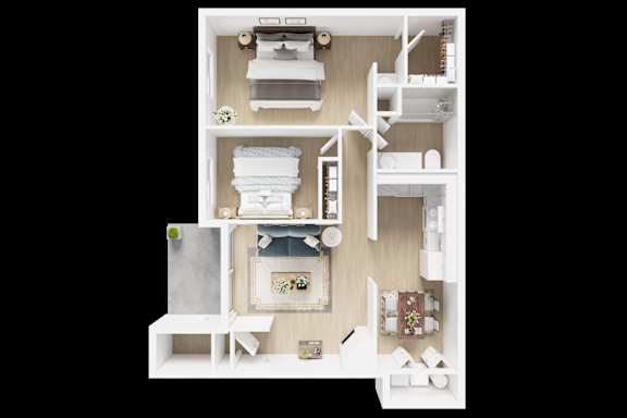 A white model of a house with a kitchen, living room, and bathroom.