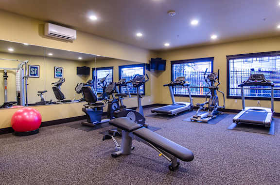 A gym with a variety of equipment including a treadmill, exercise bike, and weight bench.