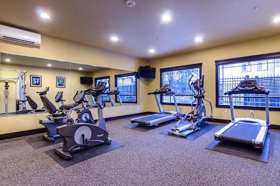 A gym with treadmills, elliptical machines, and a television.