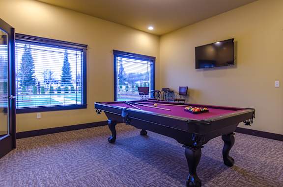 A pool table in a room with a television and two windows.