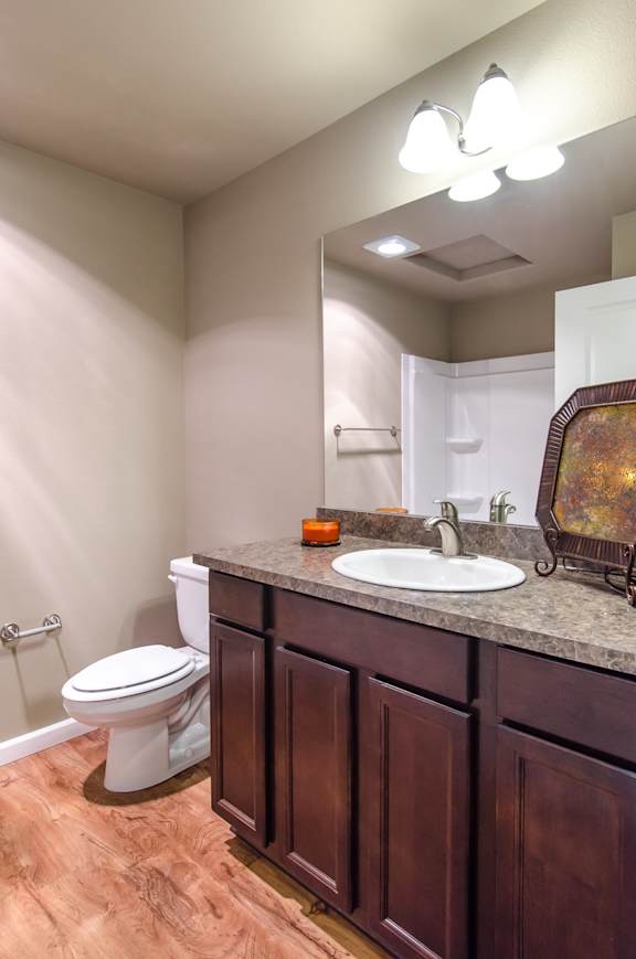 A bathroom with a toilet, sink, and mirror.