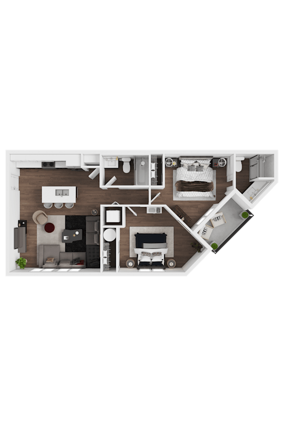 A top-down view of a house layout with a kitchen, living room, and bedrooms.