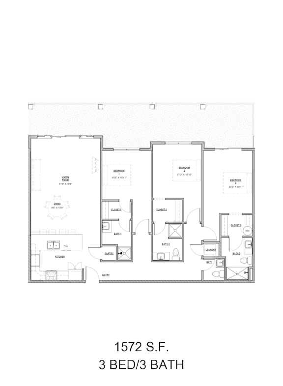 A floor plan for a 3 bedroom 3 bathroom apartment at 1572 S.F.