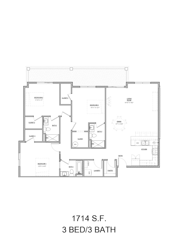A floor plan for a 3 bedroom/3 bathroom apartment.