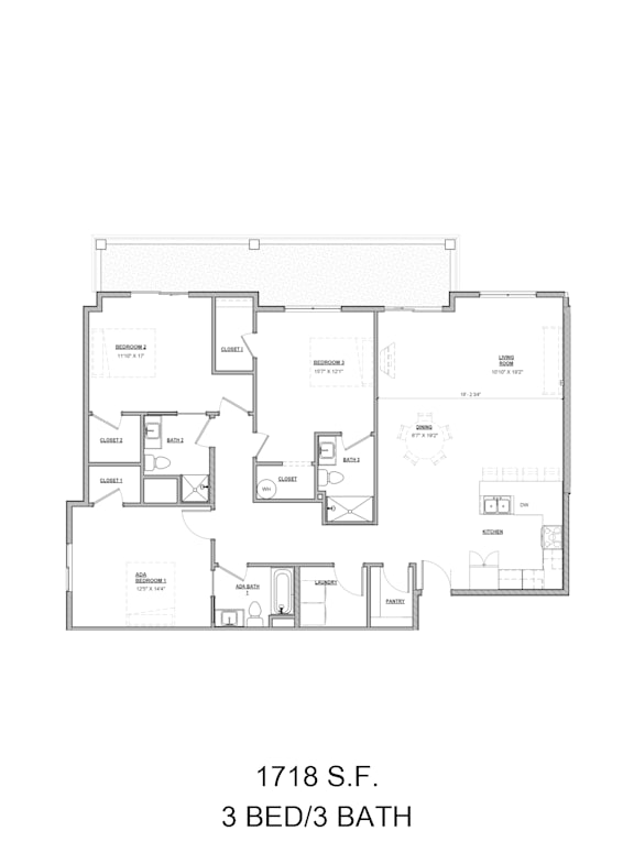 A floor plan for a 3 bedroom/3 bathroom apartment at 1718 S.F.