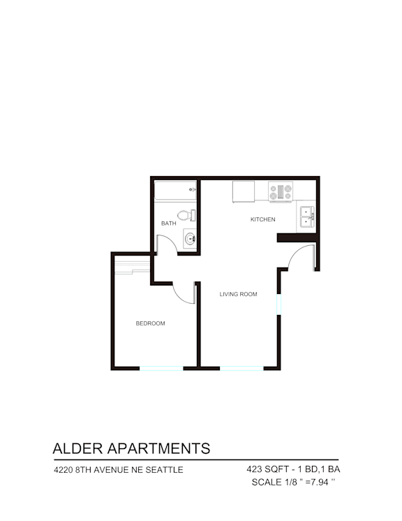 A floor plan for the Alder Apartments.