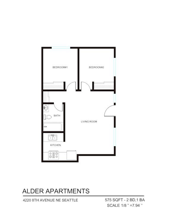 A floor plan for the Alder Apartments.