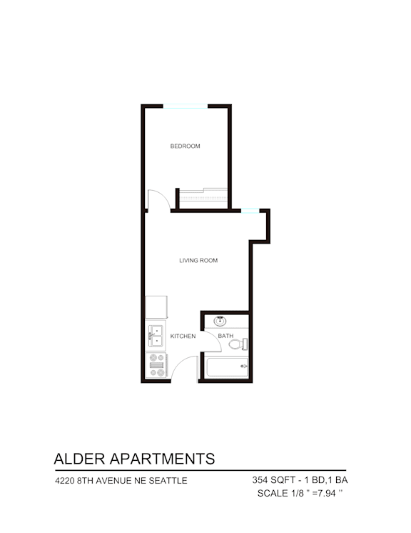 A floor plan for the Alder Apartments.