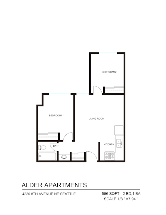 A floor plan for the Alder Apartments.