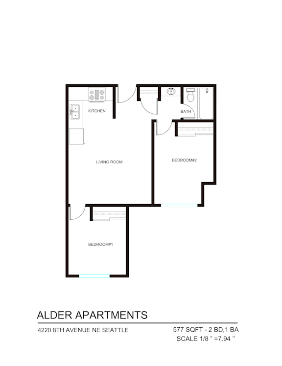 A floor plan for the Alder Apartments.